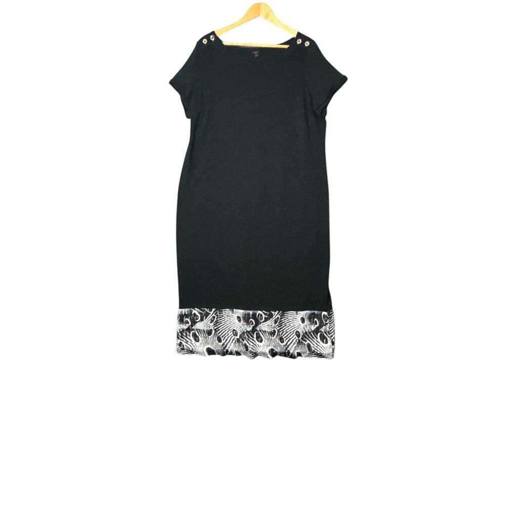 Talbots Woman 1X Black Shift Dress NWT Short Sleeve Printed Hem Knee Length